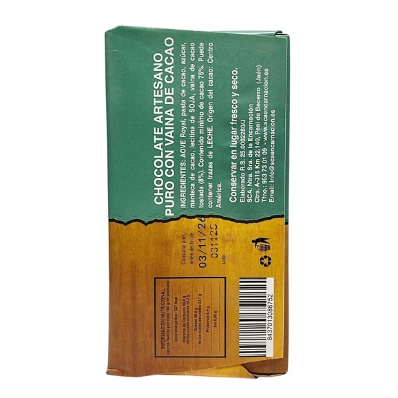 SCA Encarnación Schokolade 75 % Kakao mit Kakaoschote und EVOO Esencial Royal 115 gr.