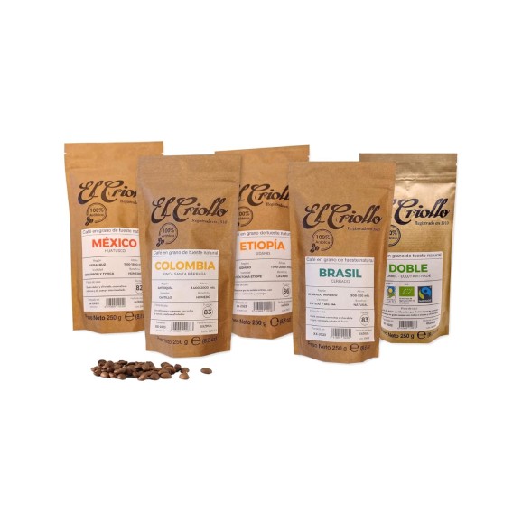 El Criollo Spezialitätenkaffee Bohnen Äthiopien, Kolumbien, Mexiko, Brasilien und Double Label Pack 5x250 gr.