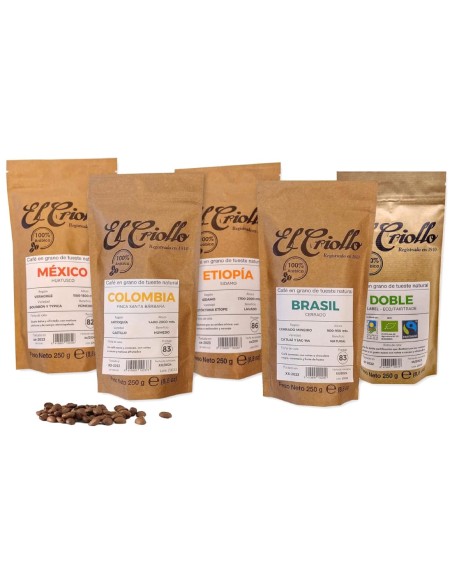 El Criollo Dégustation de Grains de Café de Spécialité Éthiopie, Colombie, Mexique, Brésil et Double Label Pack 5x250 gr.
