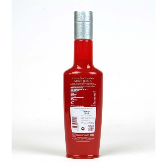 aceite de oliva almaoliva arbequina botella vidrio 250 ml atrás