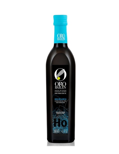 Gold Olivenöl Bailén Familienreservat Hojiblanca schwarze Flasche mit blauem Hintergrund