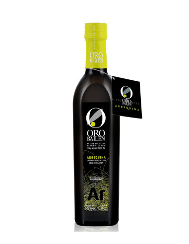 bouteille noire contient de l'huile d'olive arbequina à la vente de la marque d'or bailen est de 500 ml