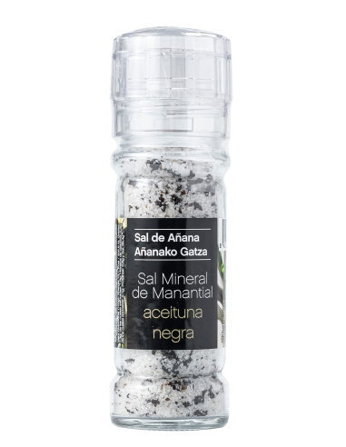 Sal de Añana Sal Mineral de Manantial con Aceitunas Negras - Molinillo 75 gr.