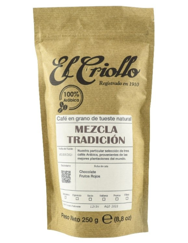 El Criollo Café 100% Arábica Mezcla Tradición en Grano - Paquete 250 gr.