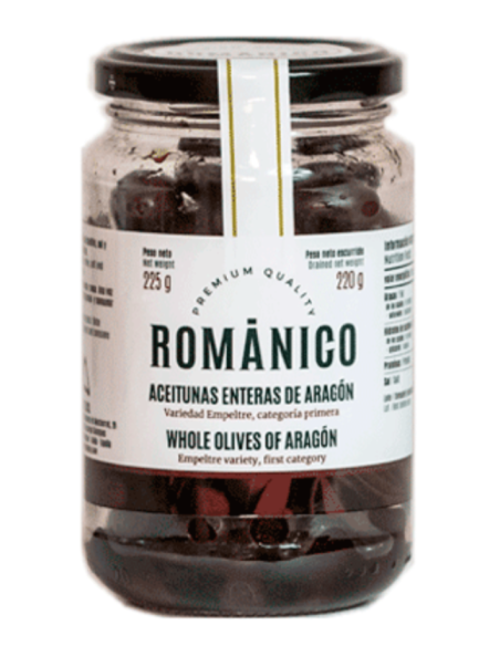 Románico Schwarze Oliven aus Aragon Glasgefäß 220 gr. - Oliva Oliva