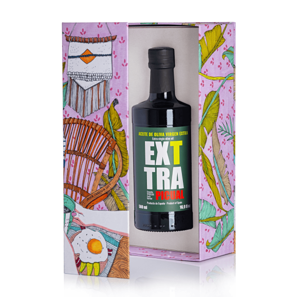 Boîte illustrée par Ana Jarén et bouteille d'huile EXTRA PICUAL