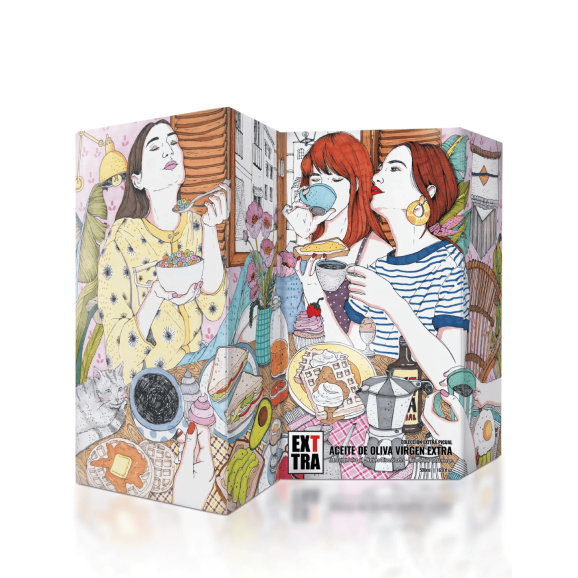 Caja ilustrada por Ana Jarén y  botella de aceite EXTTRA PICUAL