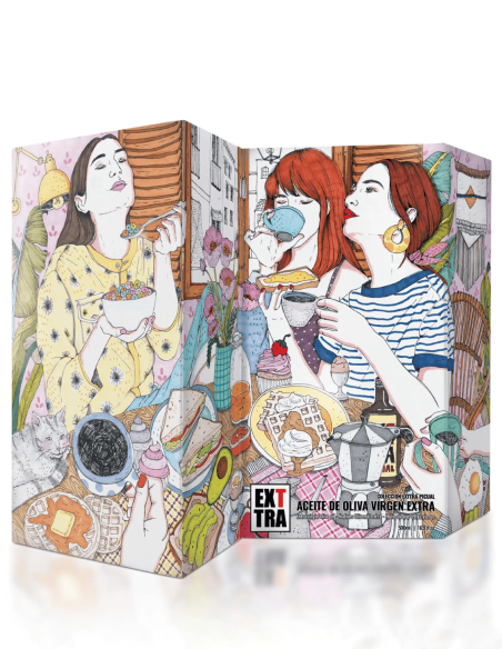 Caja ilustrada por Ana Jarén y  botella de aceite EXTTRA PICUAL
