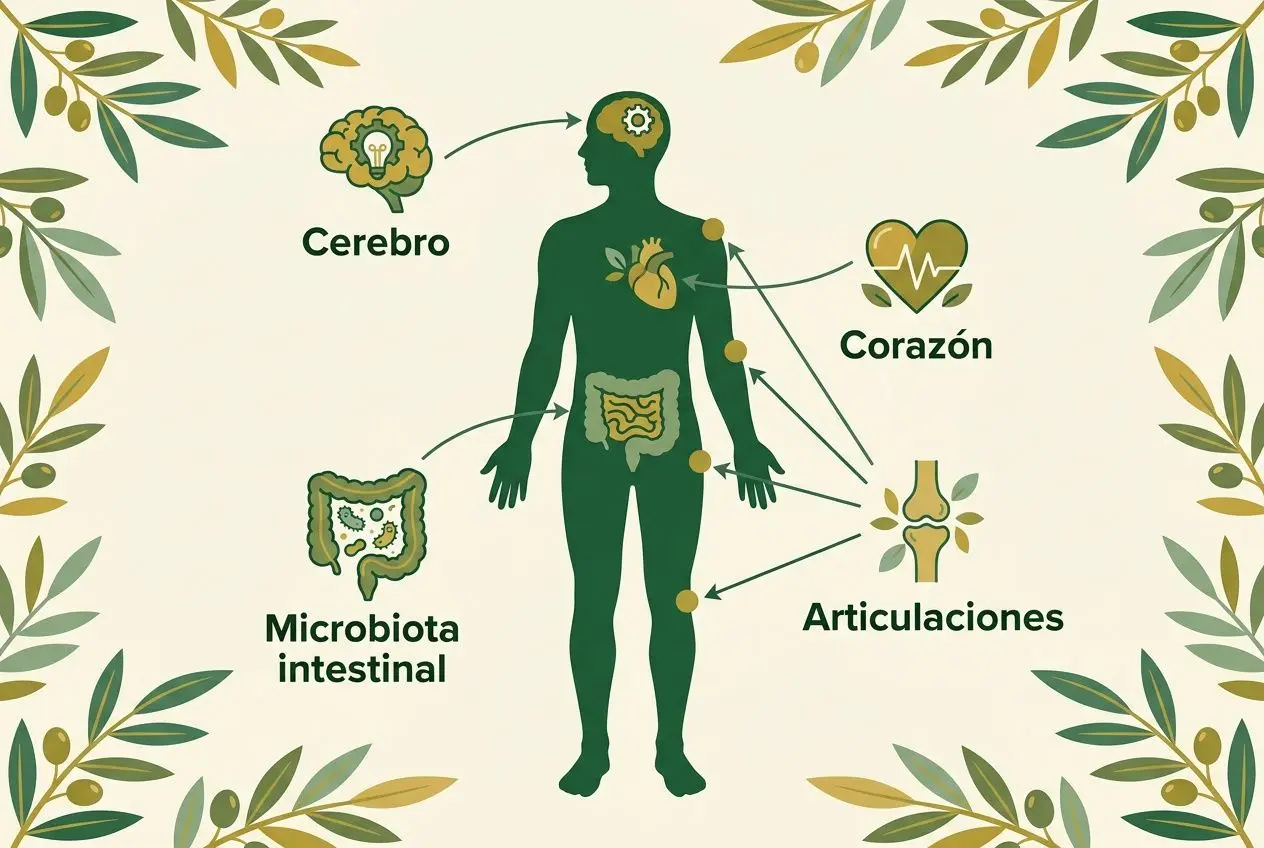 Ilustración de un cuerpo humano verde con órganos destacados (cerebro, corazón, articulaciones, microbiota intestinal) conectados por líneas, rodeado de hojas. Integrar: beneficios de los polifenoles del aceite de oliva.